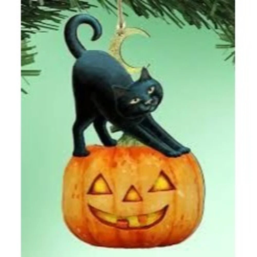 New G.debrekht Spooky Halloween Cat Pumpkin Wooden Ornaments by Laura Seeley